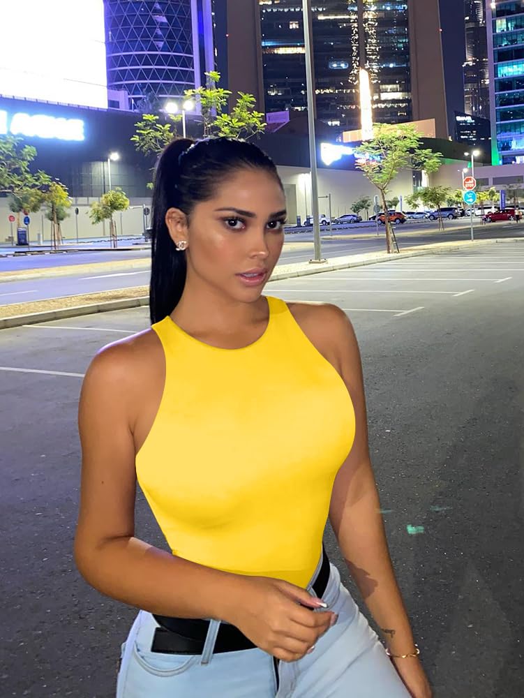LCNBA Women's Sexy High Neck Sleeveless Bodysuit Basic Top Bodysuit Jumpsuit Yellow L - Image 4